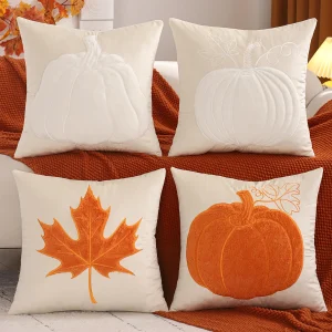 Housse de coussin brodé feuille d’érable et citrouilles d’halloween Housse de coussin brodé feuille d'érable et citrouilles d'halloween 1