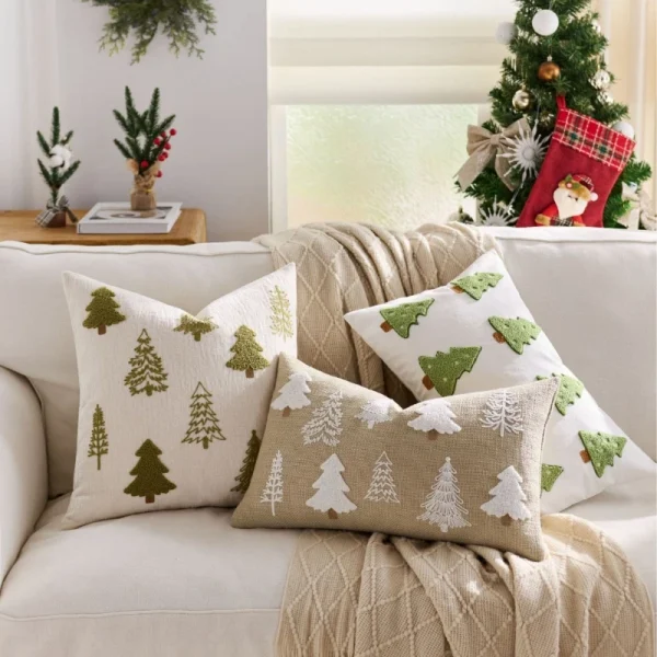 Housse de coussin noël cerf rouge et sapin vert 3