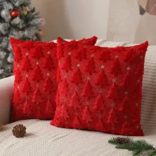 Housse de coussin noel brodé de sapin verte et étoiles dorées Housse de coussin noel brodé de sapin verte et étoiles dorées 3