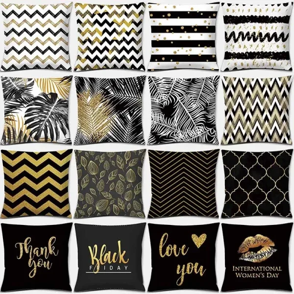 Housse de coussin géométrique feuille de palmier noir et or Housse de coussin géométrique feuille de palmier noir et or 1