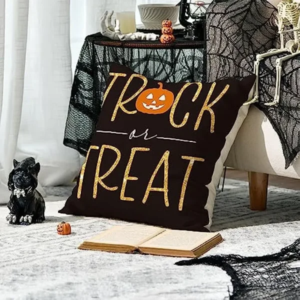Housse de coussin halloween citrouille dorée et chat noir 4