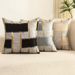 Housse de coussin scandinave géométrique rayure doré gris beige et noir 1