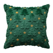 Housse de coussin noel brodé de sapin verte et étoiles dorées Housse de coussin noel brodé de sapin verte et étoiles dorées 1