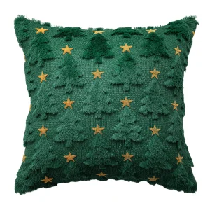 Housse de coussin noel brodé de sapin verte et étoiles dorées 1