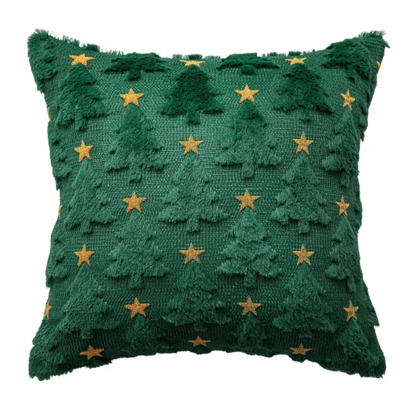 Housse de coussin noel brodé de sapin verte et étoiles dorées 1