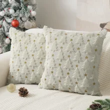 Housse de coussin noel brodé de sapin verte et étoiles dorées Housse de coussin noel brodé de sapin verte et étoiles dorées 5