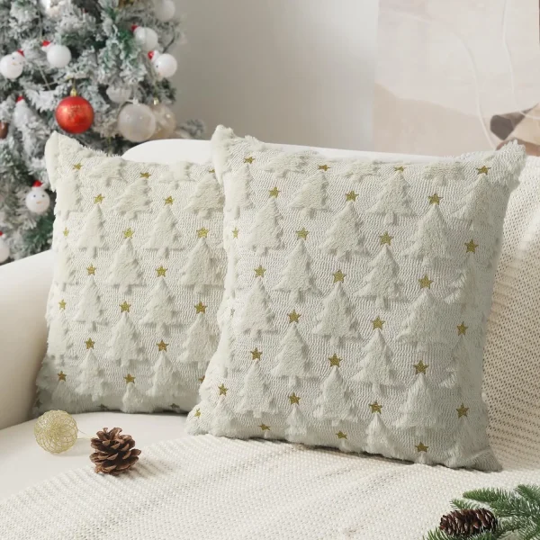 Housse de coussin noel brodé de sapin verte et étoiles dorées Housse de coussin noel brodé de sapin verte et étoiles dorées 5