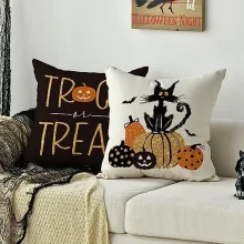 Housse de coussin halloween citrouille dorée et chat noir Housse de coussin halloween citrouille dorée et chat noir 1