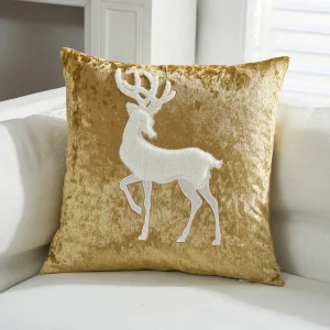 housse de coussin de Noël cerf blanc et sapin sur fond doré 2