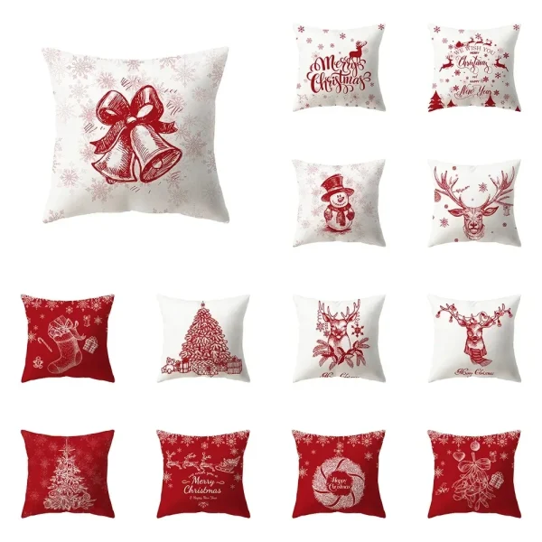 Housse de coussin Noël symboles des fêtes rouges et blancs variés Housse de coussin Noël symboles des fêtes rouges et blancs variés 1