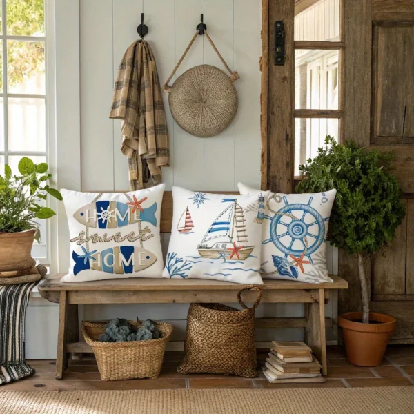 Housse de coussin marin bord de mer bateau ancre et poisson 2