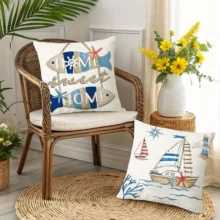 Housse de coussin marin bord de mer bateau ancre et poisson 5