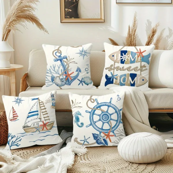 Housse de coussin marin bord de mer bateau ancre et poisson 3