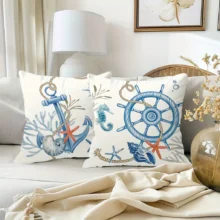 Housse de coussin marin bord de mer bateau ancre et poisson 4