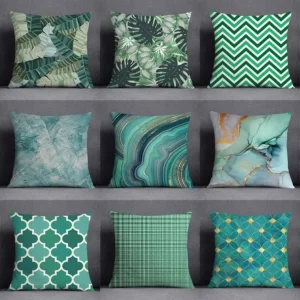 Housse de coussin nature tropical et géometrie bleu vert 1