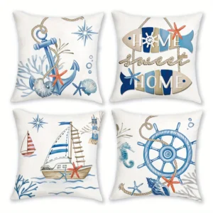 Housse de coussin marin bord de mer bateau ancre et poisson 1