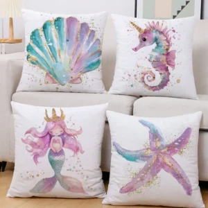 Housse de coussin Marin avec dessin coloré de hippocampe mignon 1