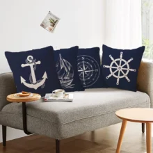 housse de coussin marin bleu bateau et rose des vents 2