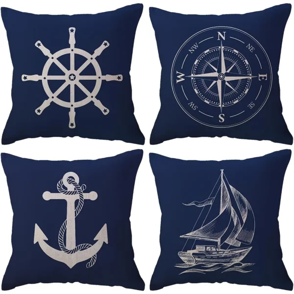 housse de coussin marin bleu bateau et rose des vents 1