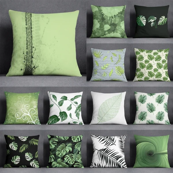 Housse de coussin nature vert fraicheur feuillage sur fond de couleur Housse de coussin nature vert fraicheur feuillage sur fond de couleur 1