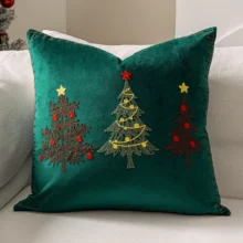 Housse de coussin Noël en Velours doux brodé motif sapins colorés festifs