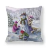 Housse de coussin Noël en tissu doux motifs Père Noël traîneau et bonhommes de neige enneigés 6