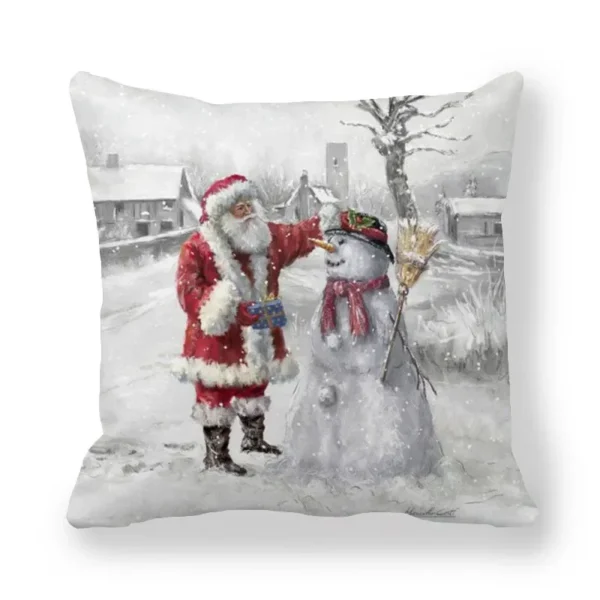 Housse de coussin Noël en tissu doux motifs Père Noël traîneau et bonhommes de neige enneigés 3