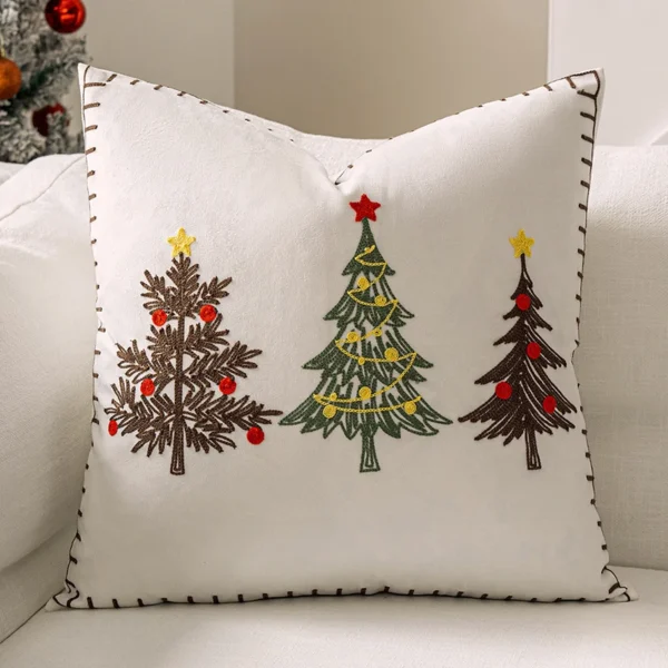 Housse de coussin Noël en Velours doux brodé motif sapins colorés festifs