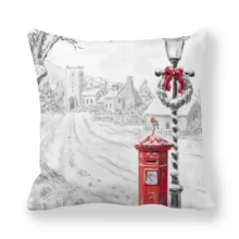 Housse de coussin Noël en tissu doux motifs Père Noël traîneau et bonhommes de neige enneigés 8
