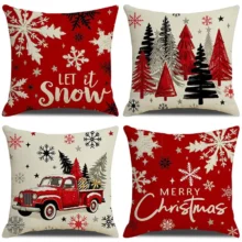 Housse de coussin Noël rouge et noir avec sapins flocons et camion vintage 2