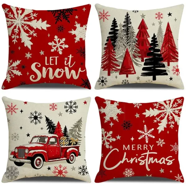Housse de coussin Noël rouge et noir avec sapins flocons et camion vintage 2