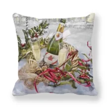 Housse de coussin Noël en tissu doux motifs Père Noël traîneau et bonhommes de neige enneigés 4