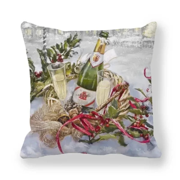 Housse de coussin Noël en tissu doux motifs Père Noël traîneau et bonhommes de neige enneigés 4
