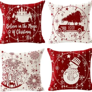 Housse de coussin Noël rouge motif château étoiles flocons Housse de coussin Noël rouge motif château étoiles flocons 1