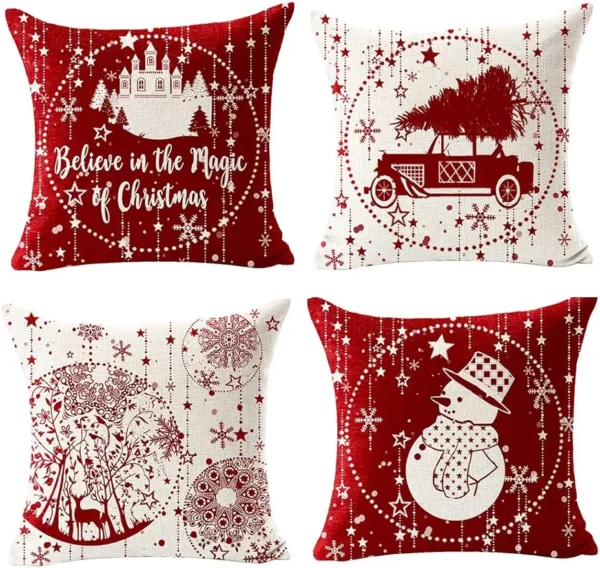 Housse de coussin Noël rouge motif château étoiles flocons 1