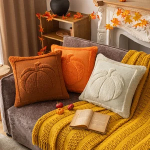 Housse de coussin Halloween motif citrouille en peluche orange double face Housse de coussin Halloween motif citrouille en peluche orange double face 1
