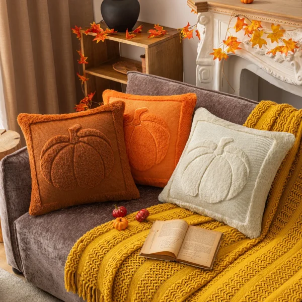 Housse de coussin Halloween motif citrouille en peluche orange double face Housse de coussin Halloween motif citrouille en peluche orange double face 1