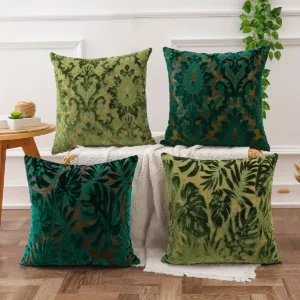 Housse de coussin Nature en chenille jacquard verte à motif de feuilles tropicales 1