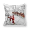 Housse de coussin Noël en tissu doux motifs Père Noël traîneau et bonhommes de neige enneigés 9