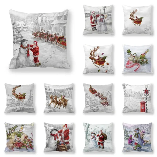 Housse de coussin Noël en tissu doux motifs Père Noël traîneau et bonhommes de neige enneigés 1
