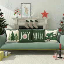 Housse de coussin Noël verte et beige sapins messages et camion vintage Housse de coussin Noël verte et beige sapins messages et camion vintage 3