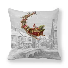 Housse de coussin Noël en tissu doux motifs Père Noël traîneau et bonhommes de neige enneigés 2