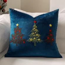 Housse de coussin Noël en Velours doux brodé motif sapins colorés festifs
