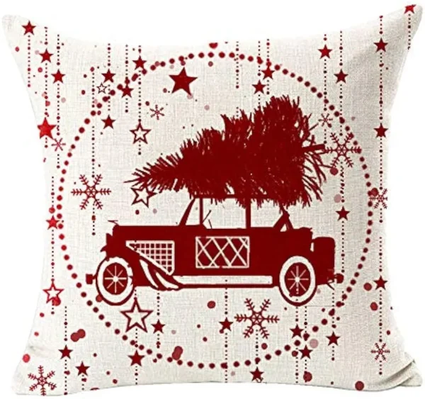 Housse de coussin Noël rouge motif château étoiles flocons 3