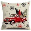 Housse de coussin Noël rouge et noir avec sapins flocons et camion vintage 4