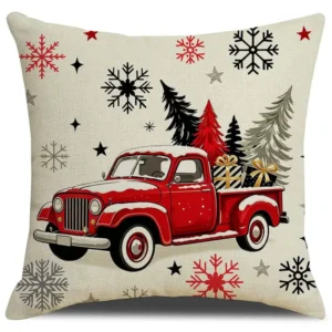 Housse de coussin Noël rouge et noir avec sapins flocons et camion vintage 4