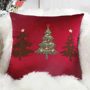 Housse de coussin Noël en Velours doux brodé motif sapins colorés festifs Housse de coussin Noël en Velours doux brodé motif sapins colorés festifs