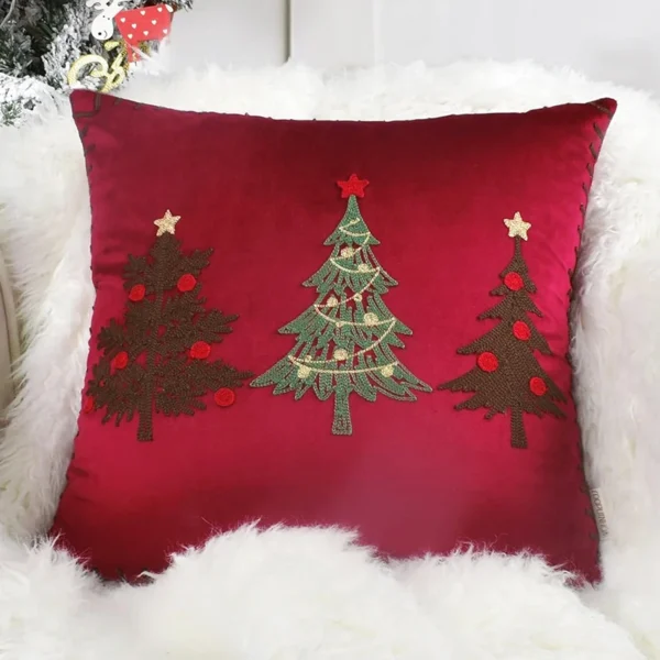 Housse de coussin Noël en Velours doux brodé motif sapins colorés festifs