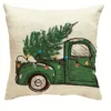 Housse de coussin Noël verte et beige sapins messages et camion vintage 4