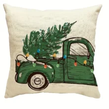 Housse de coussin Noël verte et beige sapins messages et camion vintage Housse de coussin Noël verte et beige sapins messages et camion vintage 4